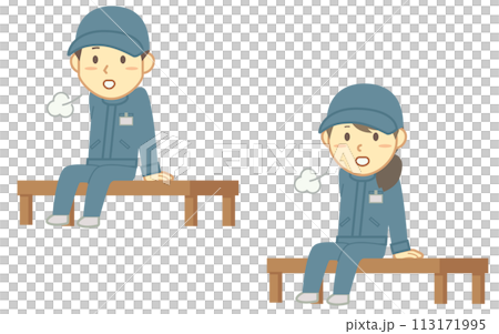 A set of male and female workers sitting on a bench and taking a break 113171995