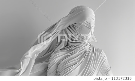 Female sculpture in white cloth on gray background 113172339