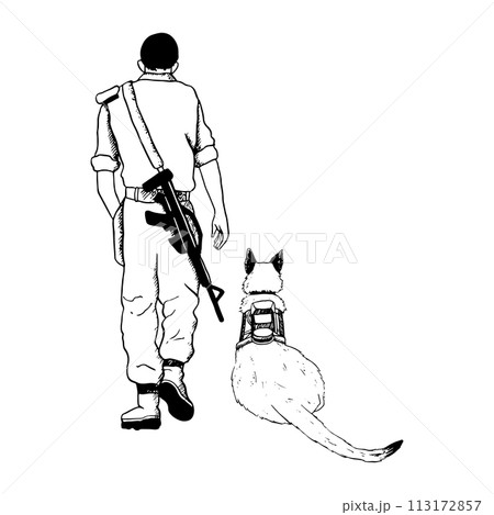 Laying K9 dog and walking soldier back view vector illustration. Israel Oketz special forces German shepherd or belgian malinois black and white drawing for patriotic Remembrance day designs 113172857