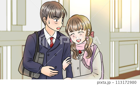 街でイチャイチャする女子高生と男子高生カップル 背景あり 街でイチャイチャする女子高生と男子高生カップル 背景あり 113172980