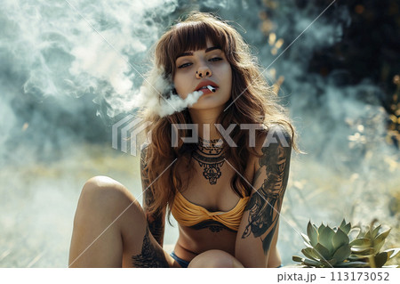 Young Tattooed Woman with Long Red Hair Smoking a Cigarette Outdoors in Summer 113173052