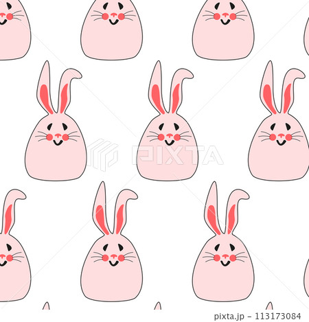 Seamless pattern with pink bunnies. Minimalistic Easter bunnies for printing on childrens products, fabric and wallpaper on a white background. Cartoon flat vector illustration. Seamless pattern with pink bunnies. Minimalistic Easter bunnies for printing on childrens products, fabric and wallpaper on a white background. Cartoon flat vector illustration. 113173084