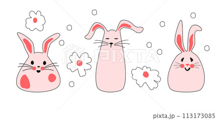 Set of cute pink bunnies with flowers. Easter bunnies for printing on kids products, stickers and banners on a white background. Cartoon isolated Vector illustration. 113173085