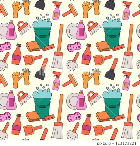 Seamless Pattern with Cleaning Tools Elements. Mop, dishwash, plunger, dustpan, brush, bucket of rags, sponge, rubber gloves. Vector Flat illustration. 113173221