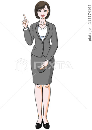 笑顔で指差しポーズするスーツ姿の若い女性_正面 113174165