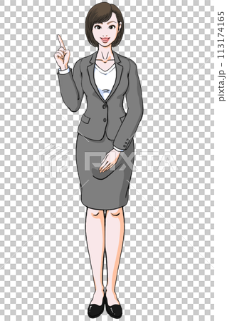笑顔で指差しポーズするスーツ姿の若い女性_正面 113174165