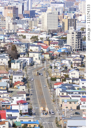 【ロゴぼかし済・縦構図】函館市電　谷地頭電停を発着する電車の様子 113174333