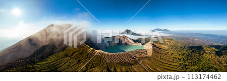 Aerial panorama drone view of mount Kawah Ijen volcano crater at sunrise, East Java, Indonesia Aerial panorama drone view of mount Kawah Ijen volcano crater at sunrise, East Java, Indonesia 113174462