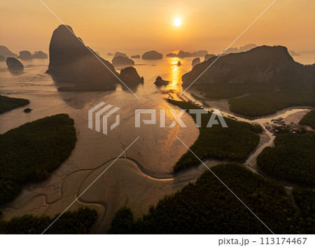 Aerial drone view sunrise at Samet Nang She view point, Phangnga bay, Thailand 113174467