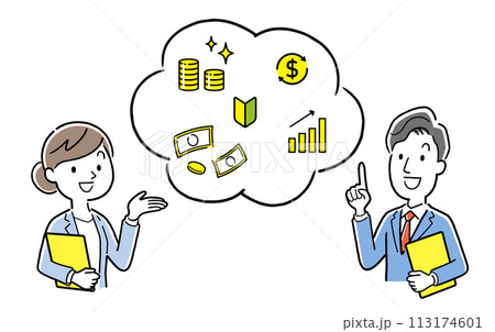 ベクターイラスト素材：資産運用について解説するビジネスパーソン 113174601