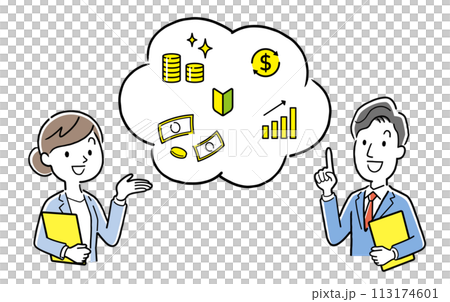 ベクターイラスト素材：資産運用について解説するビジネスパーソン 113174601