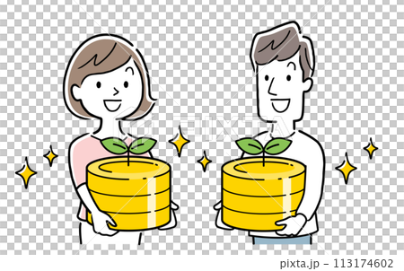 ベクターイラスト素材：運用しているお金やポイントを育てている男性と女性 113174602