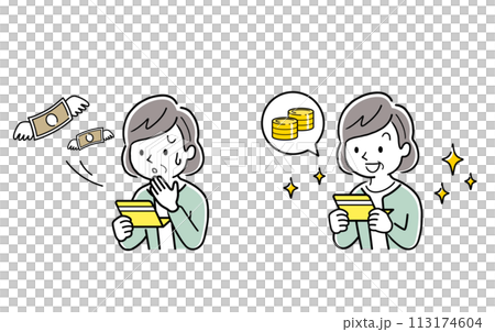 Vector illustration material: A senior woman who is happy looking at her passbook and a senior woman who is worried Vector illustration material: A senior woman who is happy looking at her passbook and a senior woman who is worried 113174604