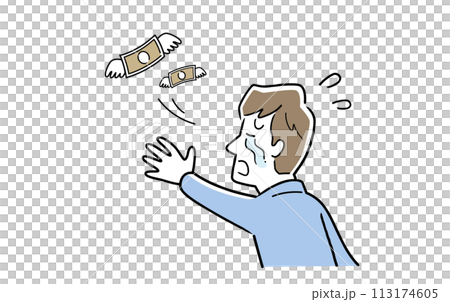 ベクターイラスト素材：お金が飛んでいって悲しむ男性 113174605