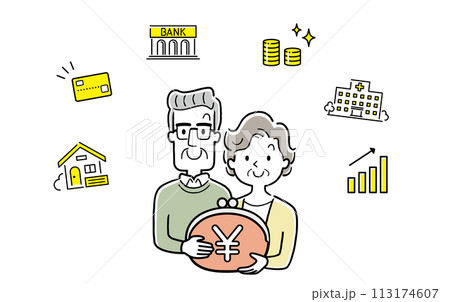 ベクターイラスト素材:お金のことを考えるシニア夫婦 ベクターイラスト素材:お金のことを考えるシニア夫婦 113174607