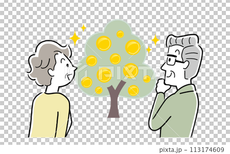 ベクターイラスト素材：金のなる木を眺めるシニア夫婦 113174609