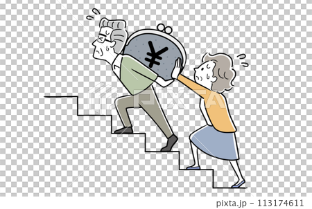 ベクターイラスト素材：お金を背負って階段を上るシニア夫婦 113174611