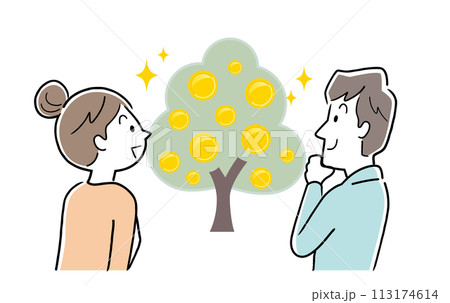 ベクターイラスト素材:金のなる木を眺める夫婦 ベクターイラスト素材:金のなる木を眺める夫婦 113174614