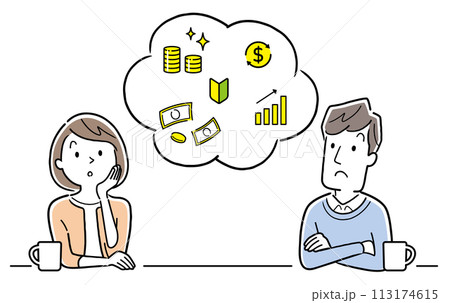 ベクターイラスト素材:お金の運用について考える夫婦 ベクターイラスト素材:お金の運用について考える夫婦 113174615