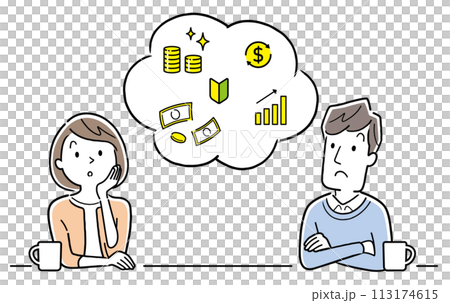 ベクターイラスト素材:お金の運用について考える夫婦 ベクターイラスト素材:お金の運用について考える夫婦 113174615