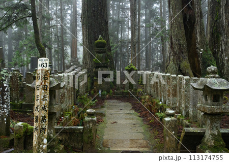 世界遺産　高野山　雨に煙る奥之院への道に立つ石田三成墓所　和歌山県 113174755