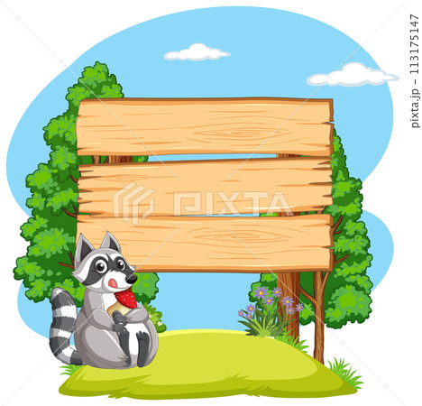 Raccoon with Blank Wooden Signboard 113175147