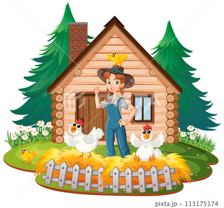 Farmer with Chickens at Cozy Log Cabin 113175174