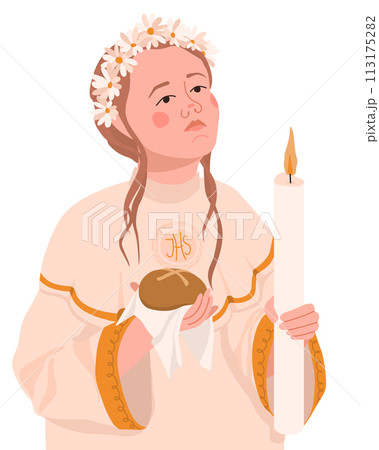 Girl in a white dress for the first communion. Vector. The child received the Eucharist. A young Catholic woman holds the symbols of Christianity - a candle and bread. 113175282
