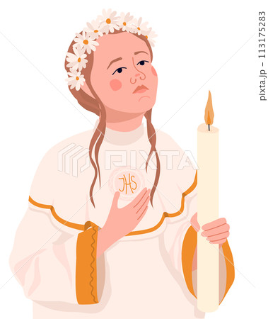 Girl in a white dress for the first communion. Vector. The child is ready to receive the Eucharist. A young Catholic woman prays before the sacred sacrament of communion, holding a candle. 113175283
