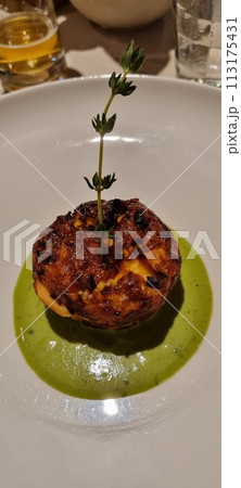 Gourmet grilled meatball with green sauce Gourmet grilled meatball with green sauce 113175431