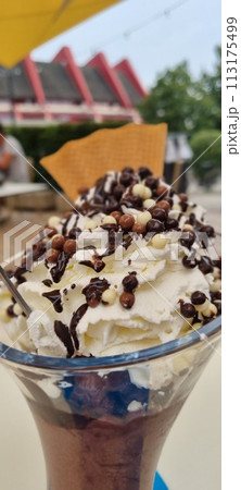 Decadent chocolate sundae with whipped cream Decadent chocolate sundae with whipped cream 113175499