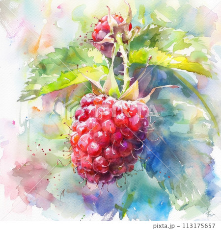 Lush watercolor strokes bring to life a raspberry cluster, 113175657