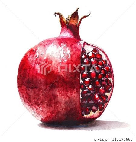 A delicate watercolor painting of a pomegranate, rendered in shades of red and pink A delicate watercolor painting of a pomegranate, rendered in shades of red and pink 113175666