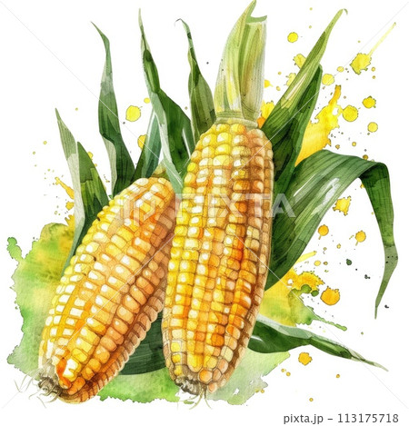 An expressive watercolor painting of corn cobs with dynamic splashes of color 113175718