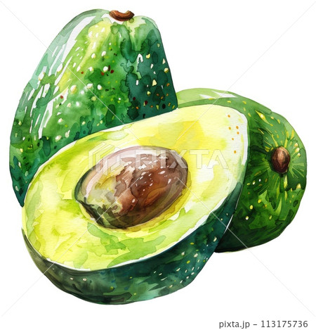 watercolor avocado amidst a backdrop of fresh green leaves watercolor avocado amidst a backdrop of fresh green leaves 113175736