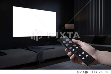 Tv with white empty screen and remote control in hand. Copy space, add text, logo, photo, video. Generative Ai Tv with white empty screen and remote control in hand. Copy space, add text, logo, photo, video. Generative Ai 113176020