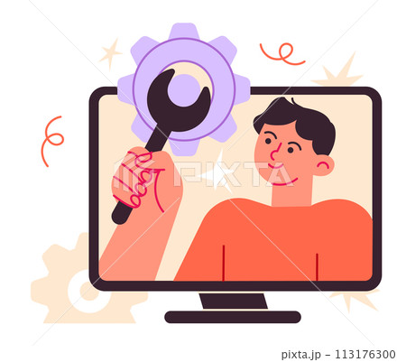 Man with wrench computer monitor screen customization, setting, repairing. 113176300