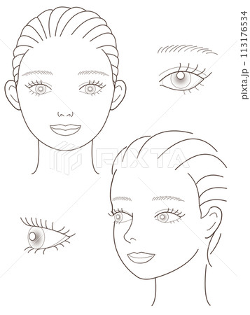 スキンケア・メイクアップ解説に使えるイラスト(女性顔正面、斜め)モノクロ スキンケア・メイクアップ解説に使えるイラスト(女性顔正面、斜め)モノクロ 113176534