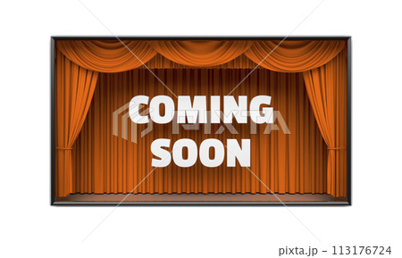 Coming Soon poster with stage curtains 3D illustration 113176724