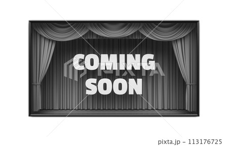 Coming Soon poster with stage curtains 3D illustration 113176725