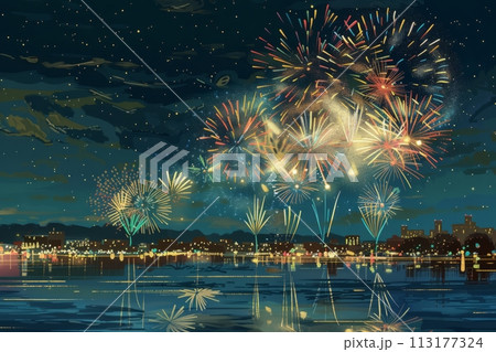Illustrated fireworks display over city skyline. 113177324