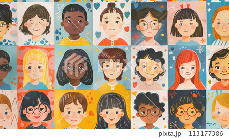 Illustration is collage with many portraits of children of different ethnicities. Generated AI 113177386