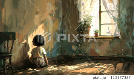 A lonely orphan girl is sitting on the floor in front of the window. Difficulties in social communication in children with autism syndrome. Generated AI 113177387