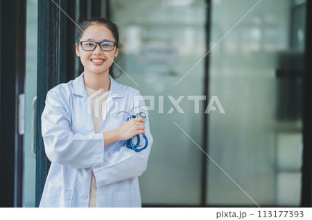 Portrait doctor with a stethoscope stands confidently ready to provide health care to patients in hospitals or clinics. Portrait doctor with a stethoscope stands confidently ready to provide health care to patients in hospitals or clinics. 113177393