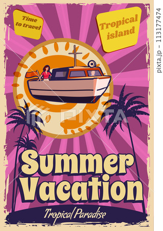 Summer Vacation poster retro, speedboat on the ocean, island, coast, palms 113177474