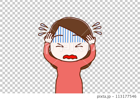 (上半身正面)真っ青になりながら頭をかかえて焦る女性 (上半身正面)真っ青になりながら頭をかかえて焦る女性 113177546