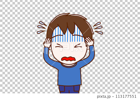 (上半身正面)真っ青になりながら頭をかかえて焦る少年 (上半身正面)真っ青になりながら頭をかかえて焦る少年 113177551