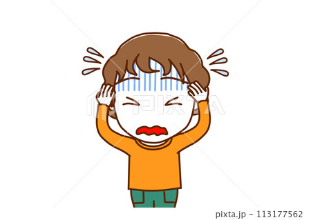 (上半身正面)真っ青になりながら頭をかかえて焦る白人少年 (上半身正面)真っ青になりながら頭をかかえて焦る白人少年 113177562