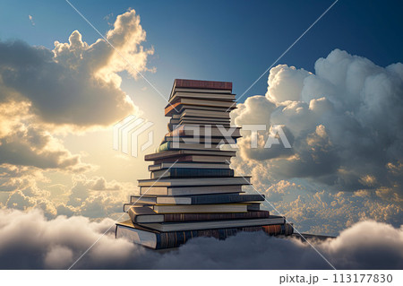 Stack of books in the sky. Generative Ai 113177830