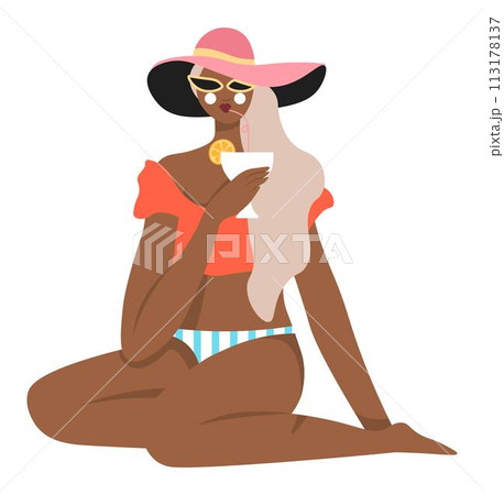 Stylish female character with cocktail in swimsuit 113178137